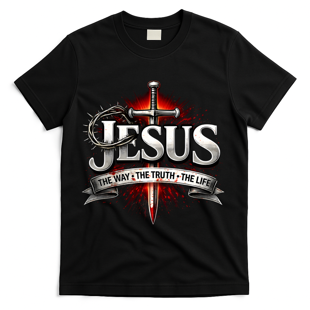 Jesus The Way The Truth The Wife Sword Crown Thorns Christian T-Shirt - Black