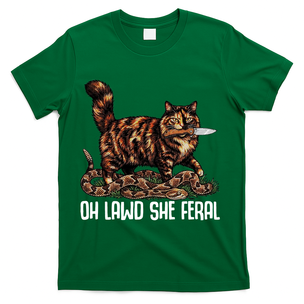 Oh Lawd She Feral Tortoiseshell Cat T-Shirt - Green