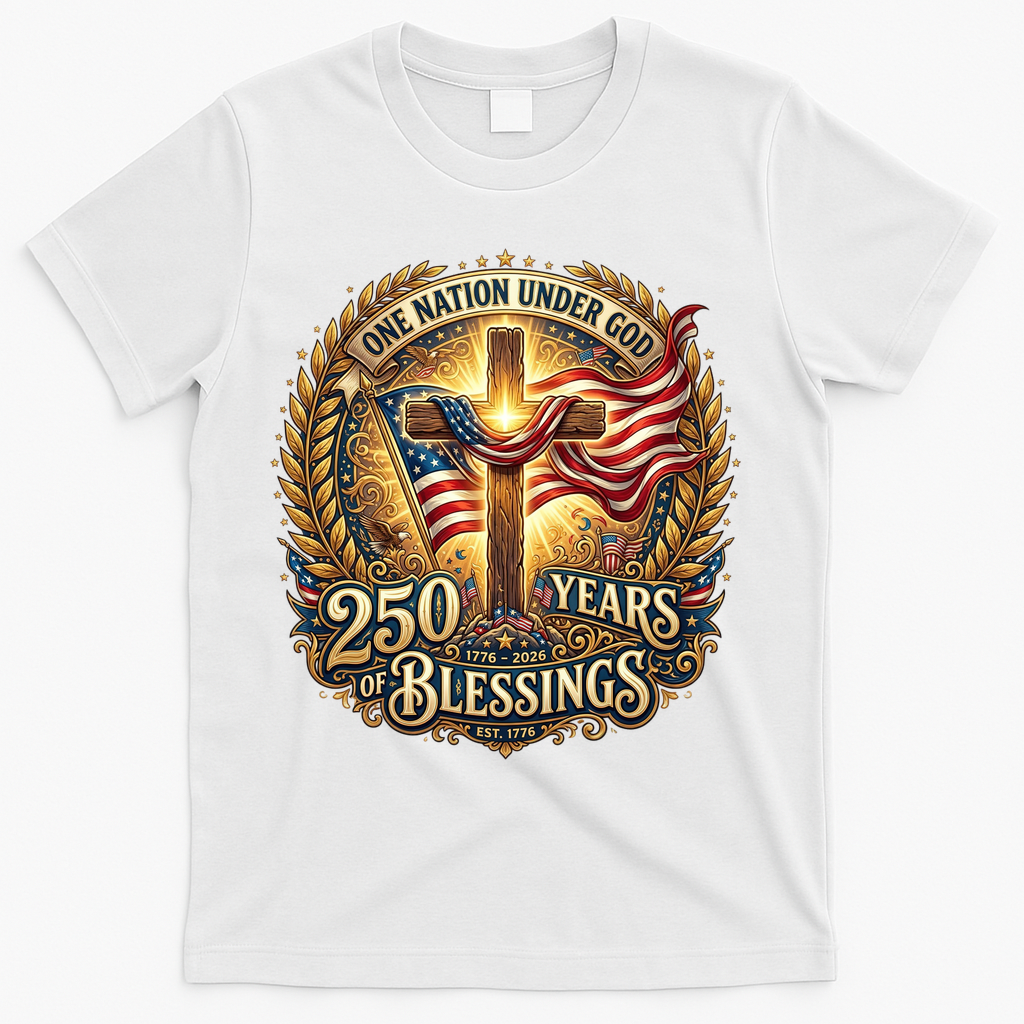 One Nation Under God 250 Years Of Blessings EST 1776 Vintage Gold Emblem T-Shirt - White