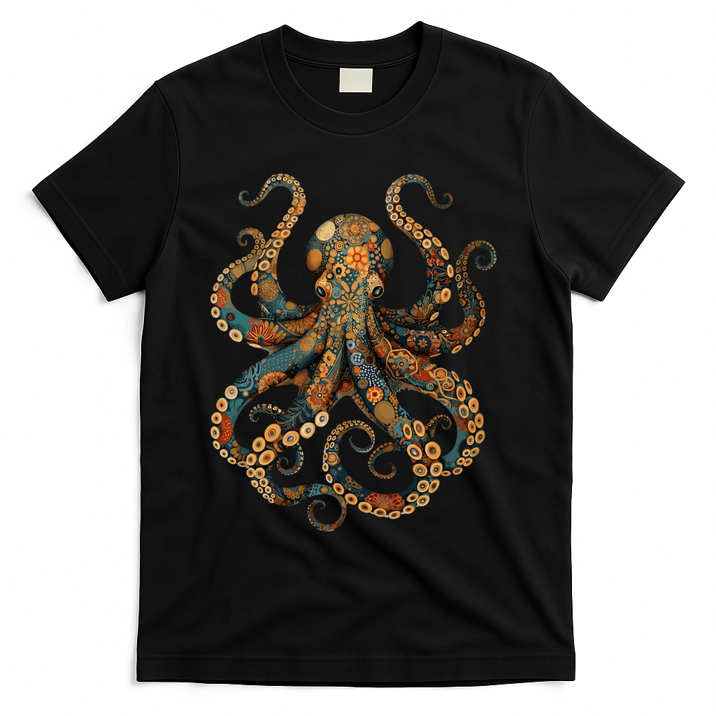 Octopus Vintage Floral Patterns Ocean T-Shirt - Black