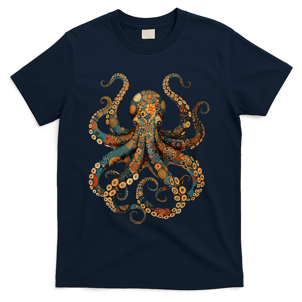 Octopus Vintage Floral Patterns Ocean T-Shirt - Navy