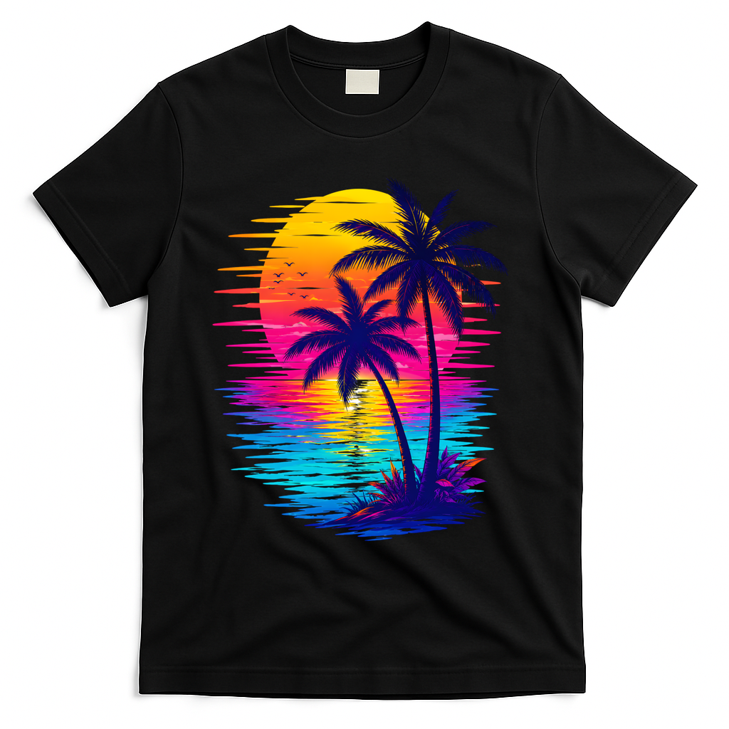 Palm Sunset Ocean Summer Beach Hawaiian T-Shirt - Black