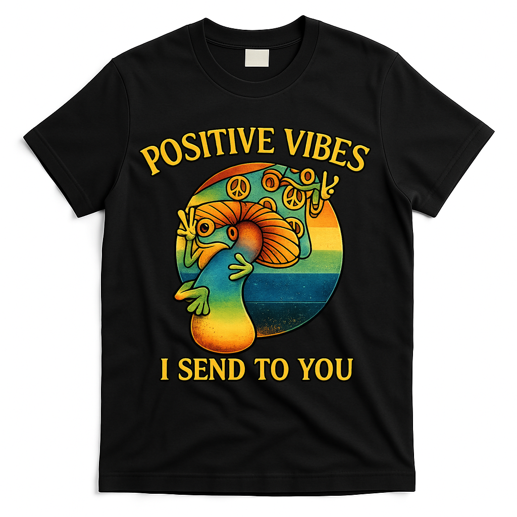 Positive Vibes I Send To You Retro Frog Peace Sign T-Shirt - Black