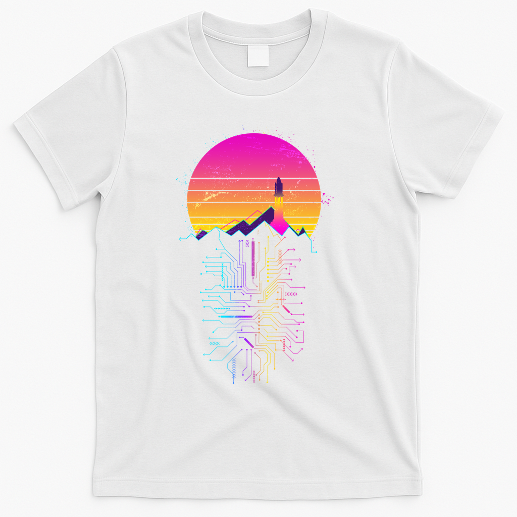 Retro 80s Space Shuttle Launch Circuit Mountain T-Shirt - White