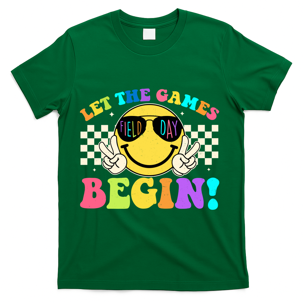 Retro Smiley Emoji Field Day Let The Games Begin T-Shirt - Green