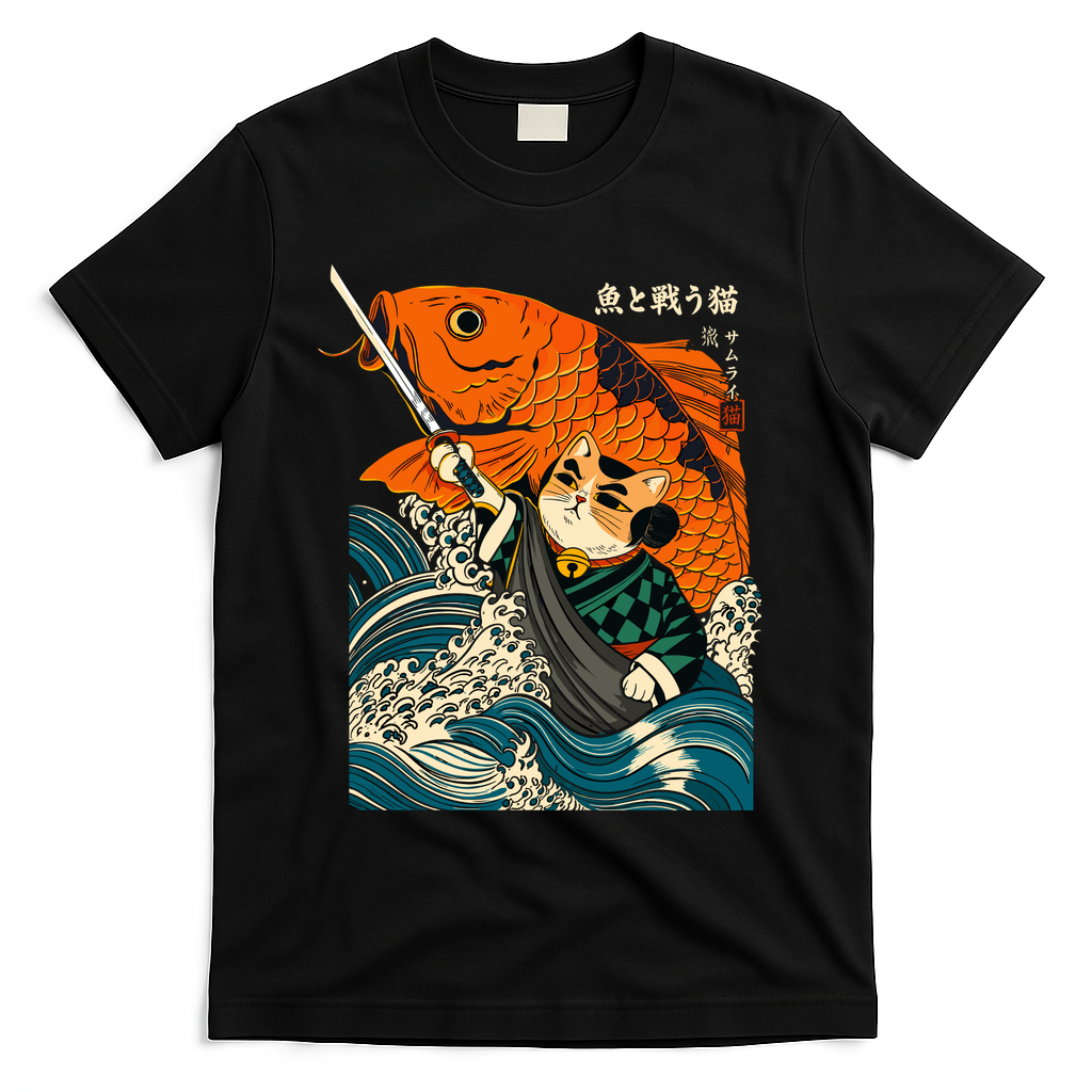 Samurai Cat And Koi Fish Anime T-Shirt - Black