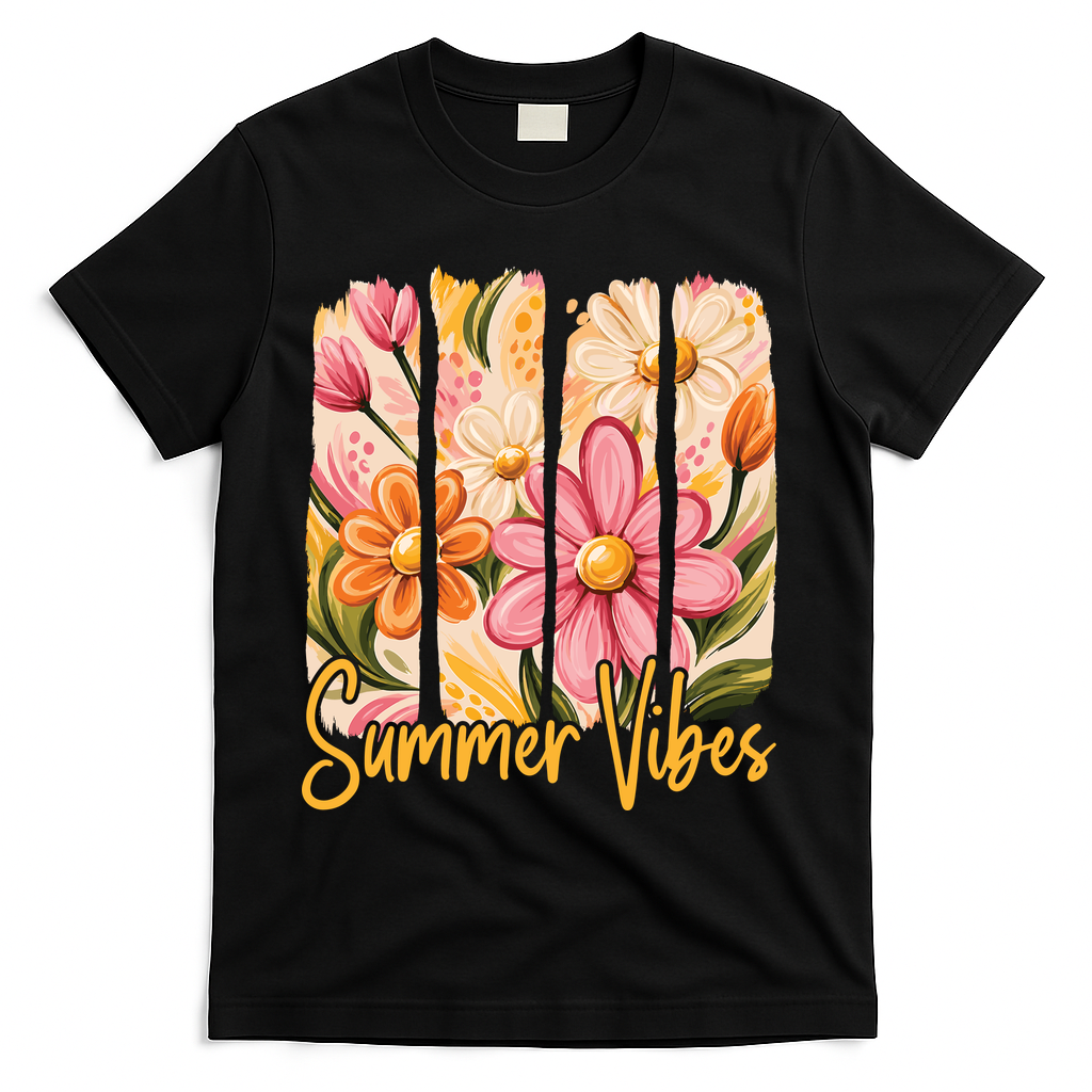 Summer Vibes Floral Beach Life T-Shirt - Black