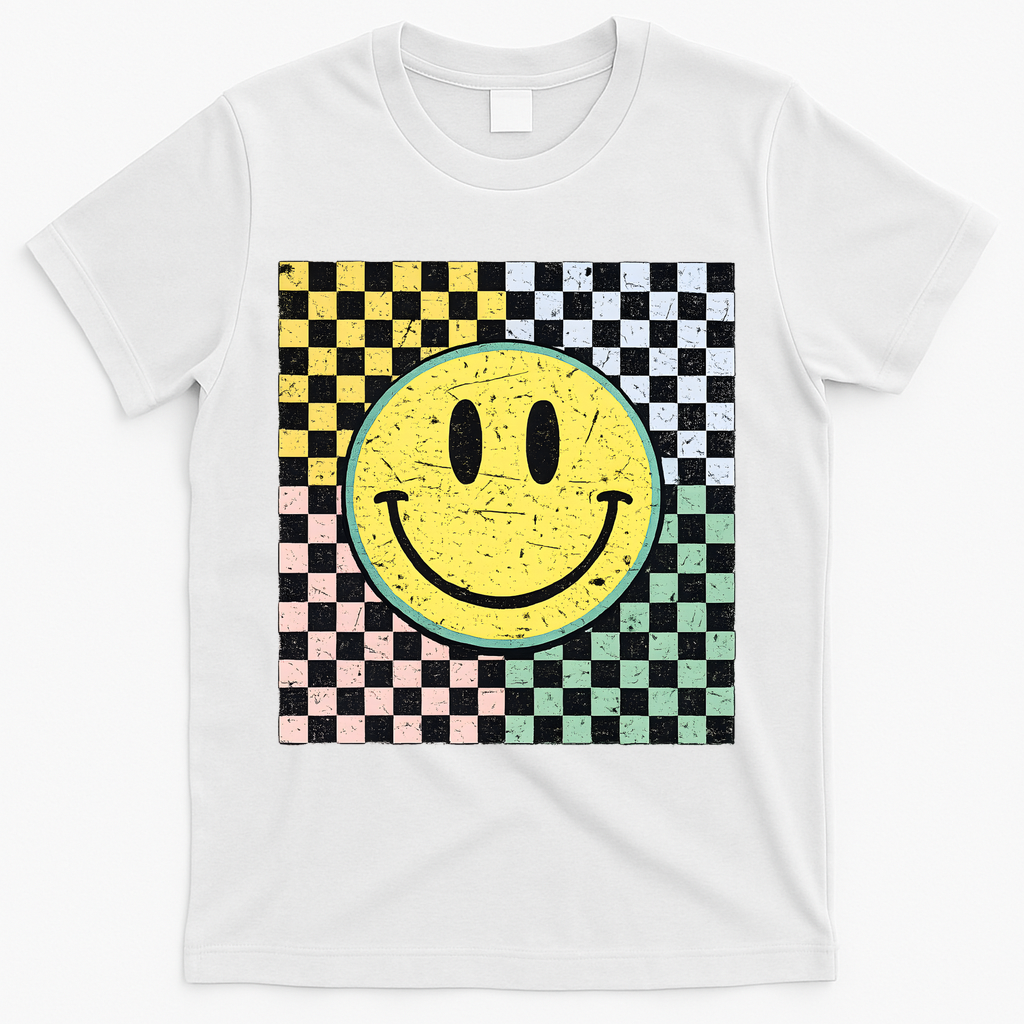 Vintage Checkered Smiling Face T-Shirt - White