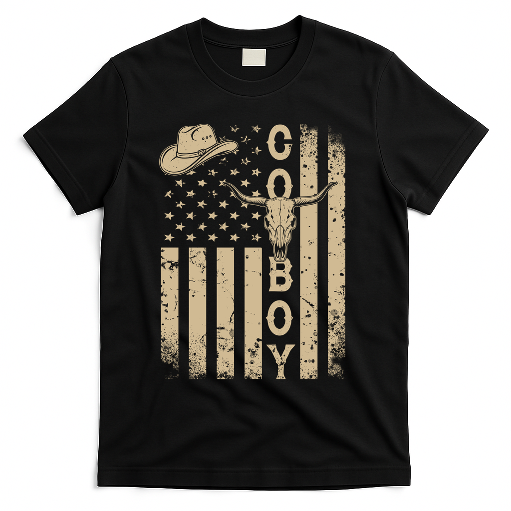 Vintage Distressed Cowboy American USA Flag T-Shirt - Black