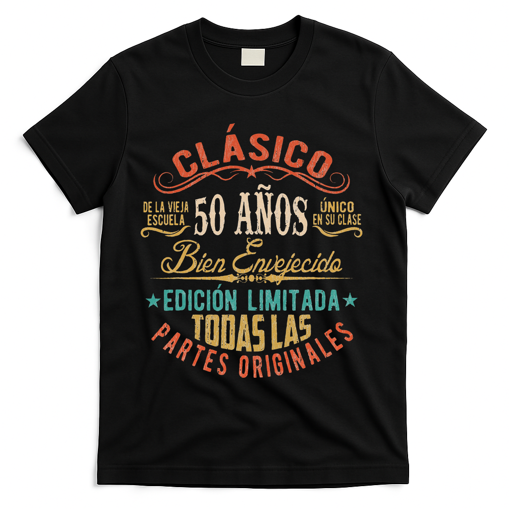 Vintage Style 50th Birthday With Phrase In Spanish T-Shirt - Black