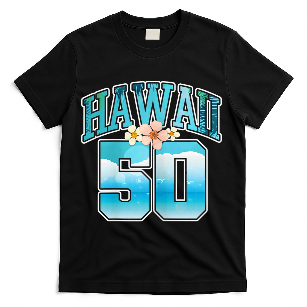 Wo Hawaii 50 50th Birthday Hawaiian Aloha Beach Hibiscus T-Shirt - Black